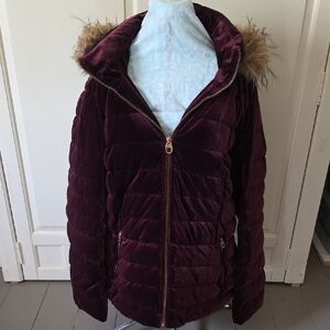 Calvin Klein Burgundy Velvet Puffer Jacket with Faux Fur Hood